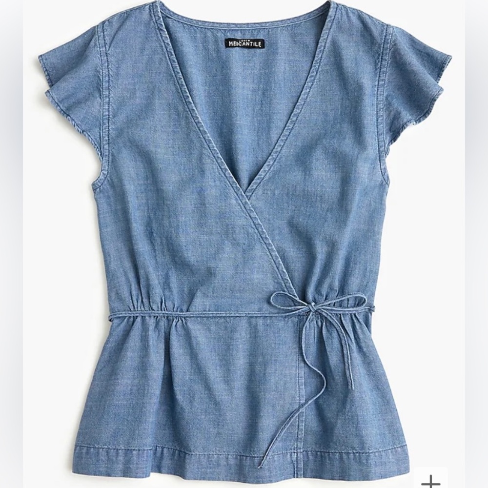 J. Crew Factory Flutter Sleeve Faux Wrap Chambray Top